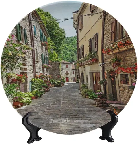 Vista 80 de Plato decorativo colgante de cerámica con temática de paisaje, plato decorativo redondo de plantas en maceta, con soporte decorativo, para sala