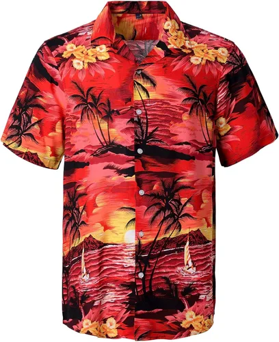 Vista 9 de Alimens & Gentle Camisa hawaiana casual de manga corta 100 % algodón de ajuste regular para hombre