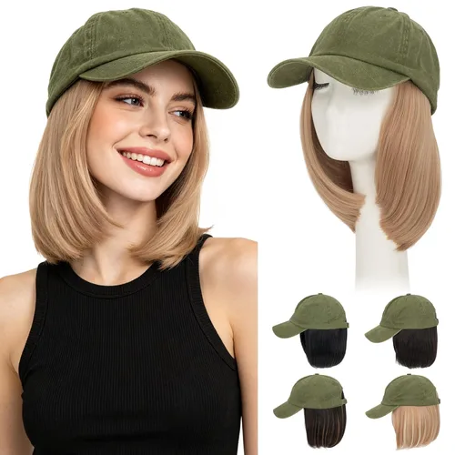 Vista 44 de Hairro Peluca de gorra de béisbol con cabello adjunto, corto estilo Bob ajustable, extensiones de cabello sintético para mujeres, balayage
