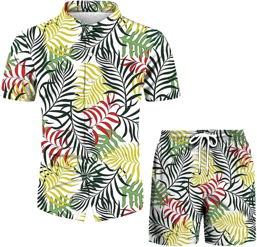 Vista 5 de Conjunto hawaiano de 2 piezas para hombre, trajes casuales de verano, camisa de manga corta con botones y pantalones cortos para vacaciones