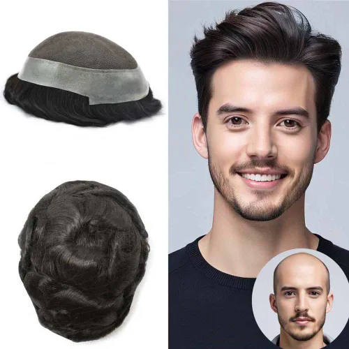 Vista 16 de Tupé de cabello humano virgen europeo para hombres, base central de encaje suave con poliuretano transparente alrededor de transpirable, sistema