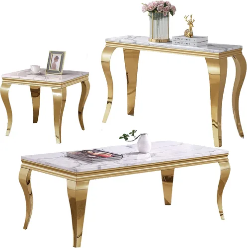 Vista 17 de SSLine Moderna mesa de centro de 1 pieza para sala de estar, mesa de centro de lujo de mármol sintético con patas de acero inoxidable en forma de S