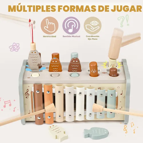 Vista 5 de Joyreal Juguetes Montessori de madera para niños de 1 año – Juguete martillador con xilófono y juego de pesca – Actividades educativas para niños