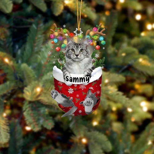 Vista 6 de Adorno personalizado de gato de rizo americano, adorno personalizado con nombre de mascota, colgante acrílico plano impreso en 2D, Papá Noel y gato