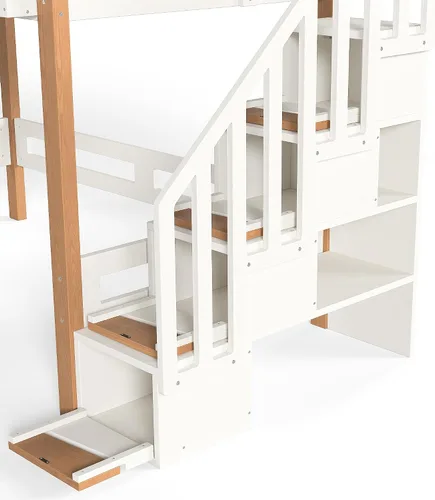 Vista 7 de Cama tipo loft de madera tamaño individual con escaleras, gancho para ropa Beige Natural