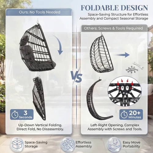 Vista 9 de NICESOUL Cómoda y cómoda silla de mimbre para exteriores con soporte, sillas plegables para patio con cojín, hamaca resistente de 350 libras