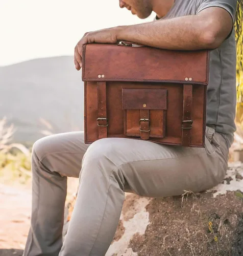 Vista 3 de Bolso bandolera de cuero para hombre, maletín de cuero de grano completo de 14 pulgadas para laptop, bolso vintage para computadora, bolsa cruzada