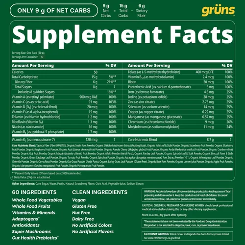 Vista 6 de Gruns - Gomitas Super Greens para Adultos, Ositos de Goma Multivitamínicos de Superalimentos, Espirulina, Clorela, Prebióticos y Gomitas de Fibra
