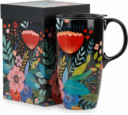 Vista 11 de DUSVALLY Juego de 2 tazas de viaje de cerámica con tapas, juego de tazas florales grandes de 17 onzas con asas, aptas para microondas