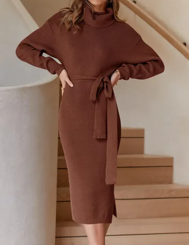 Vista 78 de ZESICA - Vestido por debajo de la rodilla de suéter, de cuello alto, para mujer, de manga larga, de punto acanalado, con abertura y cinturón
