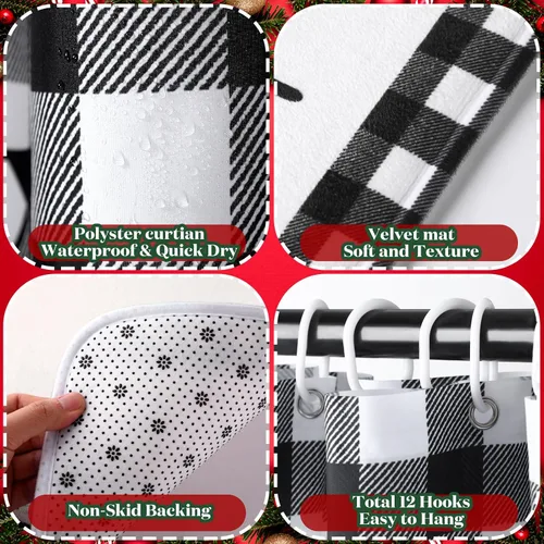 Vista 4 de Newwiee Juego de 7 Piezas para Baño de Navidad Decoración de Cortina de Ducha Xmas Cortina de Ducha Alfombras Antideslizantes y Toallas de Cocina 3