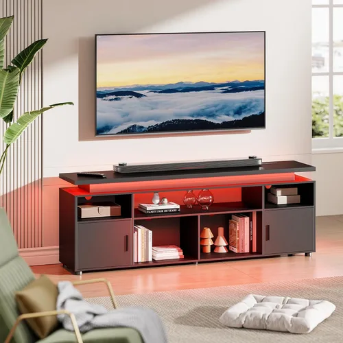 Vista 6 de SUNCOZE Soporte de TV, centro de entretenimiento con luces LED y gabinete para TV de 70/75/80 pulgadas, consola de TV moderna para juegos y medios
