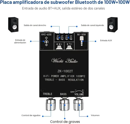 Vista 4 de Placa de Amplificador Bluetooth ARRAROWN ZK-1002T 2.0CH 100W*2 Mini AMP de Audio con Control de Agudos y Graves, Entradas BT y AUX, Módulo de AMP