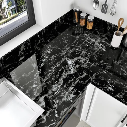 Vista 3 de Papel de contacto de mármol blanco y negro brillante para cocina, baño, papel tapiz de granito brillante, despegar y pegar, encimeras, papel