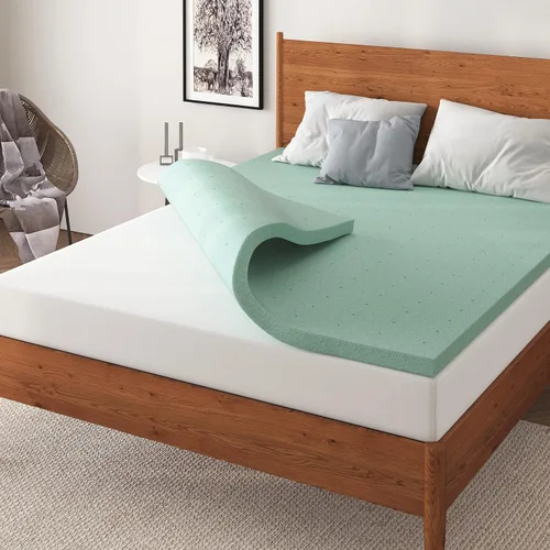 Vista 2 de NapQueen Cubrecolchón de espuma viscoelástica de té verde ventilado de 2 pulgadas, verde elegante, certificado CertiPUR-US, tamaño matrimonial