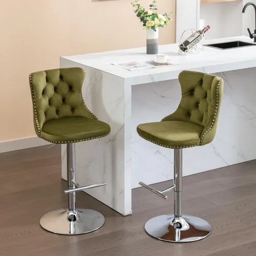 Vista 81 de Juego de 2 modernos taburetes de bar giratorios ajustables, sillas de bar copetudas de terciopelo beige con respaldo y ribete de cabeza de clavo