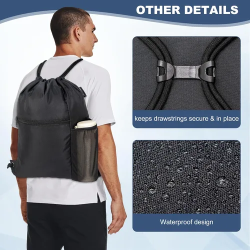 Vista 3 de HOLYLUCK Hombres y mujeres al aire libre deporte gimnasio saco impermeable cordón mochila bolsa negro, Negro -, Mediana, Cordón con bolsillo lateral