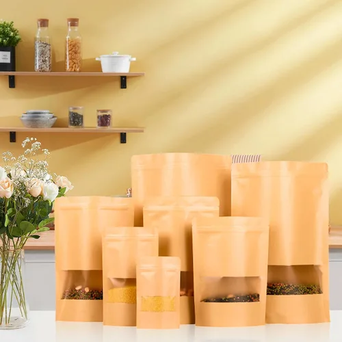 Vista 5 de 100 bolsas de papel kraft con ventana (3.6 x 5.5 pulgadas), bolsas de papel resellables para almacenamiento de alimentos, bolsa de regalo