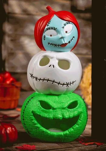 Vista 2 de Decoración de Calabaza Iluminada de 19 Pulgadas con Jack, Sally y Oogie Boogie Multicolor