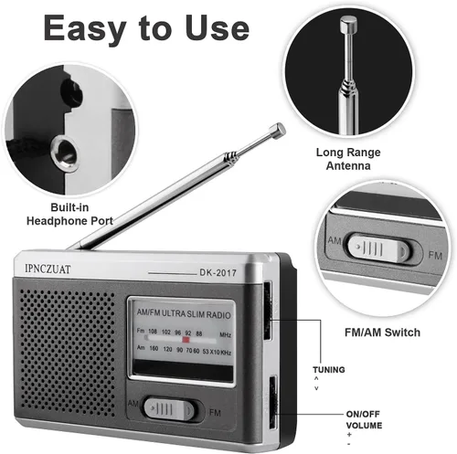 Vista 2 de DK-2017 Mini radio portátil, transistor AM FM con altavoz, conector para auriculares, batería 2AA operada, excelente recepción de largo alcance