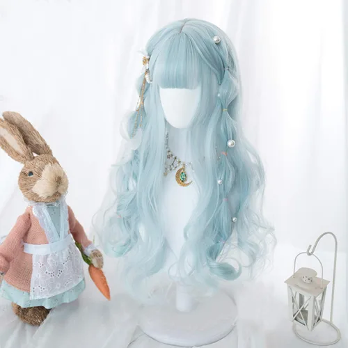 Vista 3 de Filuckyve Peluca de cosplay de 23.6 pulgadas de largo con flequillo, ondulada Harajuku, linda peluca para fiestas diarias para mujeres y niñas