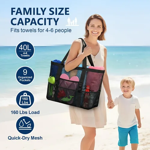 Vista 2 de F-color Mesh Beach Bag Family - Large Tote Bag for Cruise Pool Toys Beach Vacation Essentials