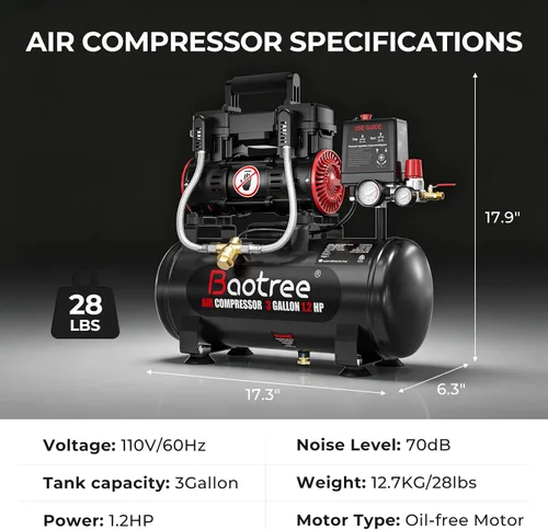 Vista 5 de Compresor de aire ultra silencioso de 3 galones con dos acopladores rápidos, 1.2HP MAX 115PSI Compresor de aire sin aceite Tanques de acero