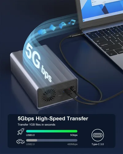 Vista 3 de Caja de disco duro de 2 bahías para disco duro SATA HDD/SSD de 2.5"/3.5" hasta 48 TB, caja de disco duro externo de aluminio con ventilador