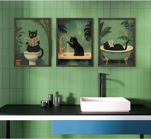 Vista 7 de Arte de pared de baño de gato, lienzo divertido para decoración de pared, imágenes de gato negro, impresiones lindas divertidas para baño, póster