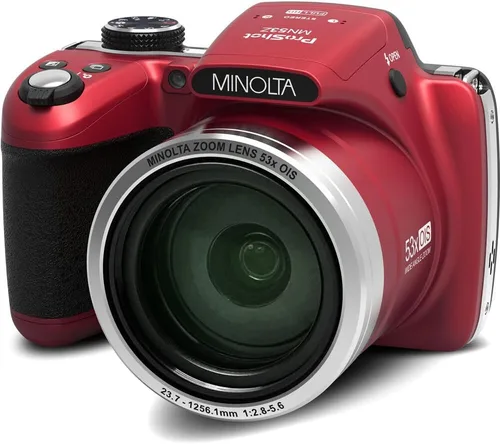 Vista 2 de MINOLTA MN53Z 16 MP / 1080P FHD Bridge Cámara digital con zoom óptico de 53x (Rojo) Paquete con tarjeta de memoria de 32GB + Bolsa para cámara + Kit