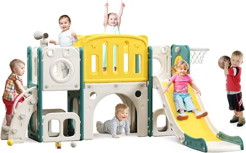 Vista 10 de Juego de toboganes 8 en 1 para niños pequeños, tobogán para niños pequeños, juego de tobogán escalador con aro de baloncesto, patio de juegos al