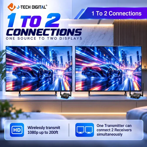 Vista 4 de J-tech Digital serie HDbitT de 1 x 2 inalámbrico HDMI se Extiende a 660 pies Antena doble admite full HD 1080P con transmisión de señal IR