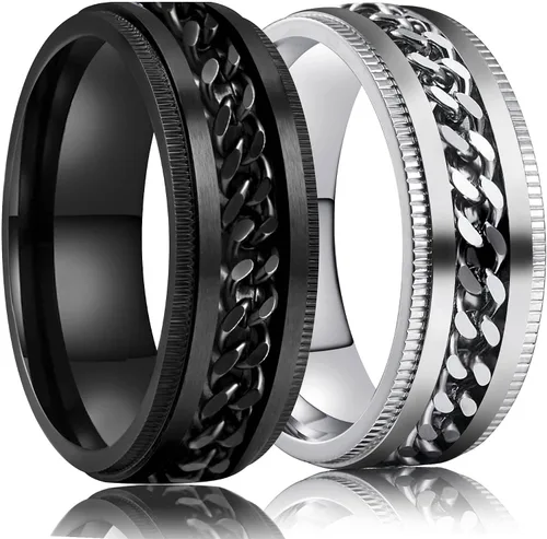 Vista 7 de LAOYOU Anillo giratorio para hombre para alivio de la ansiedad 0.315 in de acero inoxidable negro anillo de ansiedad con incrustaciones de cadena