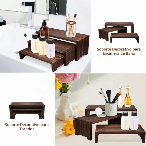 Vista 5 de Soporte de madera para cupcakes de 3 niveles y elevadores de exhibición, para postres de comida y más, resistente y reutilizable Marrón