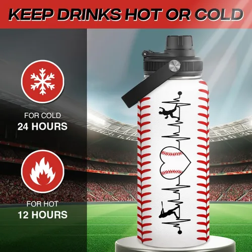 Vista 3 de Botella de agua de béisbol de 32 onzas con aislamiento de acero inoxidable para hombres, mujeres, amantes de los deportes, regalos de béisbol