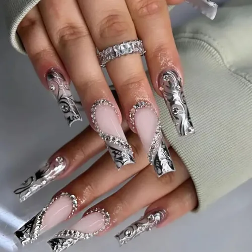 Vista 11 de Uñas largas a presión con estampado de leopardo de aguja rosa y blanco, punta francesa, uñas postizas a presión con diseño de bolas de acero