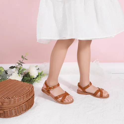Vista 3 de PANDANINJIA Elva - Sandalias para niñas con puntera abierta, bonitas, planas, sandalias de vestir con tiras cruzadas, zapatos de verano para niños