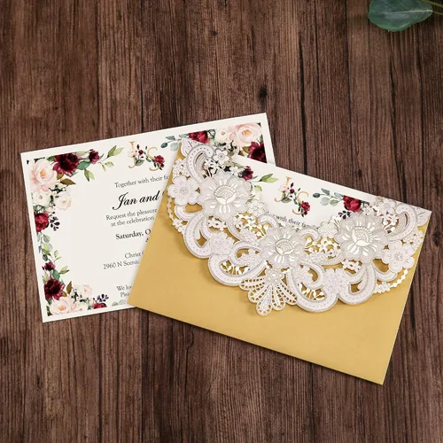 Vista 3 de DORIS HOME 50 tarjetas de invitación de encaje floral dorado blanco cortado con láser con sobres para invitaciones de boda, despedida de soltera
