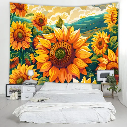 Vista 15 de WODEJIAFANG Tapiz estético de tela para pared, tapiz decorativo de girasol, fondo de oficina, divisor de habitación para dormitorio, jardín al aire