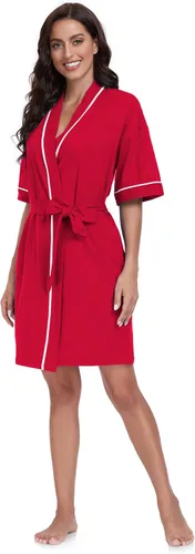 Vista 14 de COLORFULLEAF Bata de baño de manga corta para mujer, 100% algodón, longitud hasta la rodilla, con bolsillos