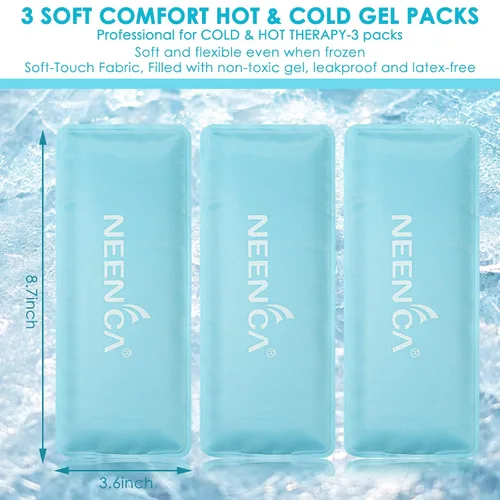 Vista 2 de NEENCA Paquete de hielo reutilizable (3 paquetes de 4 x 9 pulgadas), paquetes de gel suave al tacto para terapia de calor y frío. Paquetes de hielo