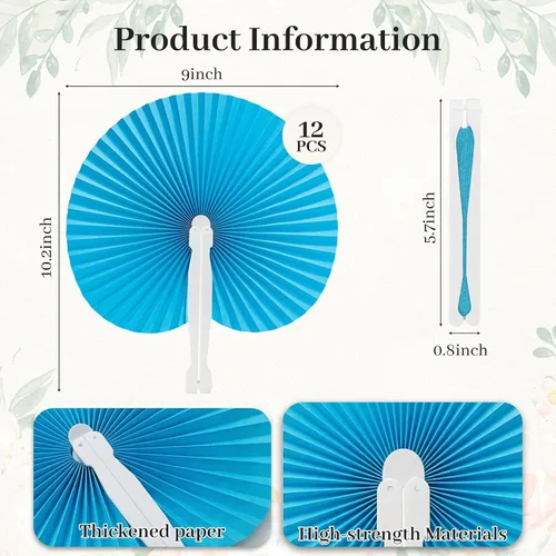Vista 8 de JOHOUSE Ventilador de mano redondo decorativo plegable, paquete de 12 abanicos plegables azules, manualidades de estilo chino y japonés para bodas