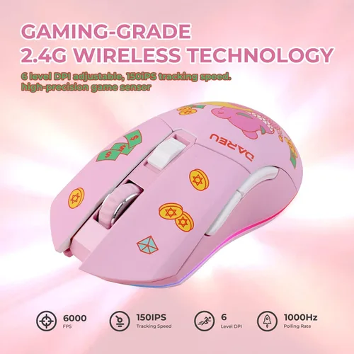 Vista 5 de DAREU Ratón para juegos inalámbrico con cable, recargable de doble modo, 7 botones programables, 10K DPI, RGB y 7 niveles de DPI ajustables hasta