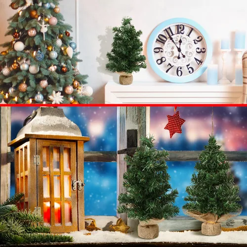 Vista 5 de Yinder 2 piezas de mini árbol de Navidad de mesa de 7.87 pulgadas, árbol de Navidad artificial en miniatura de pino con base de lino