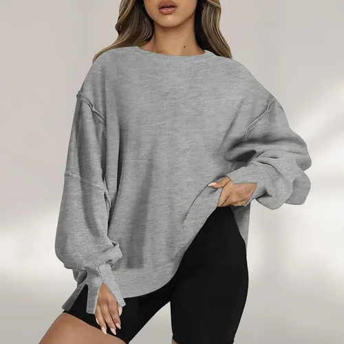 Vista 4 de Ceboyel Sudadera de gran tamaño para mujer 2023, color sólido, cuello redondo, suéter con abertura lateral, cómodo ropa de moda de otoño