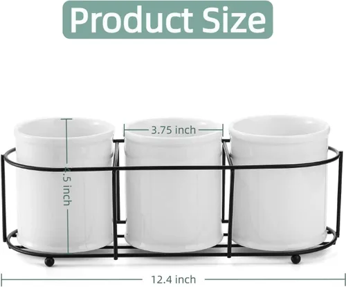 Vista 2 de Bekith Organizador de cubiertos de cerámica de 3 piezas con estante de metal, soporte para utensilios de cubiertos, organizador de almacenamiento