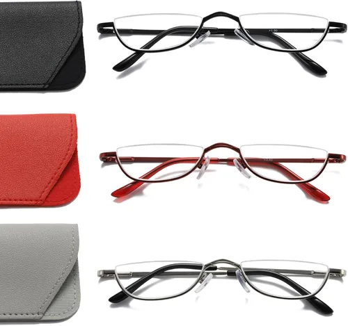 Vista 11 de Viseng Gafas de lectura de medio marco para mujer y hombre, lentes de media luna delgadas, lectores de metal con montura semi desmontable +1.0