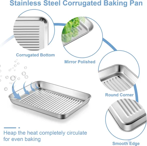 Vista 3 de TeamFar Molde para horno tostador con rejilla de enfriamiento, mini bandeja de acero inoxidable para horno tostador compacto, 9 pulgadas, fondo