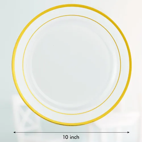 Vista 6 de Vplus 100 piezas de platos de plástico dorados de 10 pulgadas desechables, platos de plástico resistentes blancos elegantes y duraderos con borde