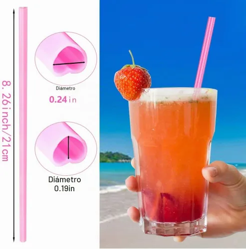 Vista 2 de 100 pajitas de corazón desechables de 8.26 pulgadas, pajitas de plástico rosa para fiestas